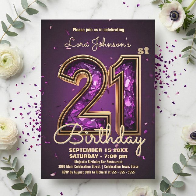 Elegant djup lila ädelsten Guld 21-årsdag Inbjudningar (Skapare uppladdad)