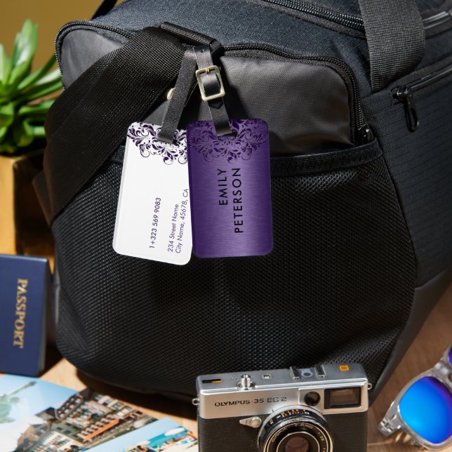 Elegant Djup Lila Blommigt Snöre på Lila Bagagebricka (Fram & Baksida)