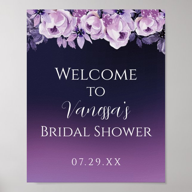 Elegant djup lila blomsterbröllopsdusch välkommen  poster (Framsidan)