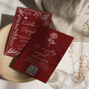 Elegant djup röd blå blommig modern QR-kod bröllop Inbjudningar