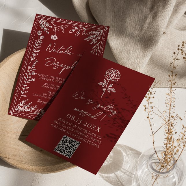 Elegant djup röd blå blommig modern QR-kod bröllop Inbjudningar (Skapare uppladdad)