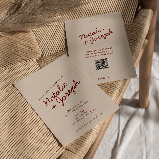 Elegant djup röd blå Whimsical QR-kod bröllop Inbjudningar (Skapare uppladdad)