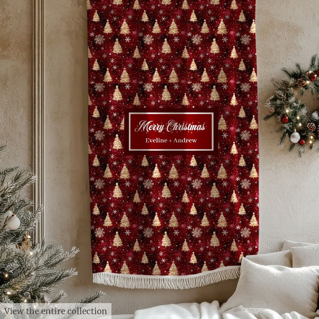 Elegant, djup röd och guld Julgranar filt (Elegant deep red and gold Christmas trees blanket)