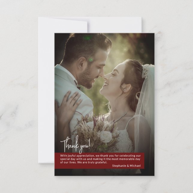 Elegant djup rubinröd fotobanner bröllop tack kort (Framsida)