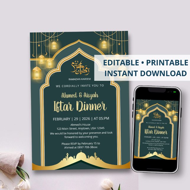 Elegant djup teal och guldlykta Ramadan Iftar Inbjudningar (Skapare uppladdad)