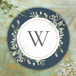 Elegant Djupblå Grönska Monogram Initial Runt Klistermärke