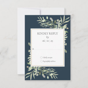 Elegant djupblå havsgrönska blad bröllop RSVP OSA Kort