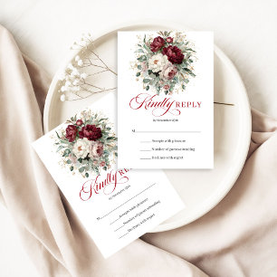 Elegant Djupröd Blommig Bröllops-Svarskort OSA Kort