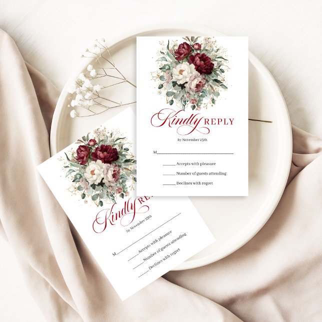 Elegant Djupröd Blommig Bröllops-Svarskort OSA Kort (Elegant Deep Red Floral Wedding RSVP Card)