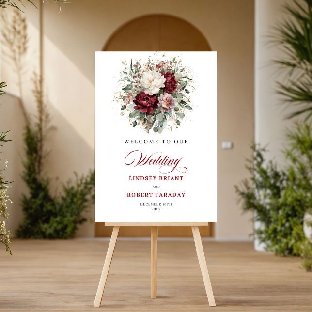 Elegant djupröd blomsterguld välkomstskylt för brö poster (Graceful Deep Red Floral Gold Wedding Welcome Sign)