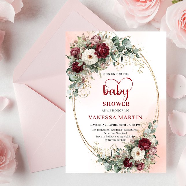 Elegant djupröd eucalyptus baby shower inbjudan (Elegant Deep Red Eucalyptus Baby Shower Invitation

)