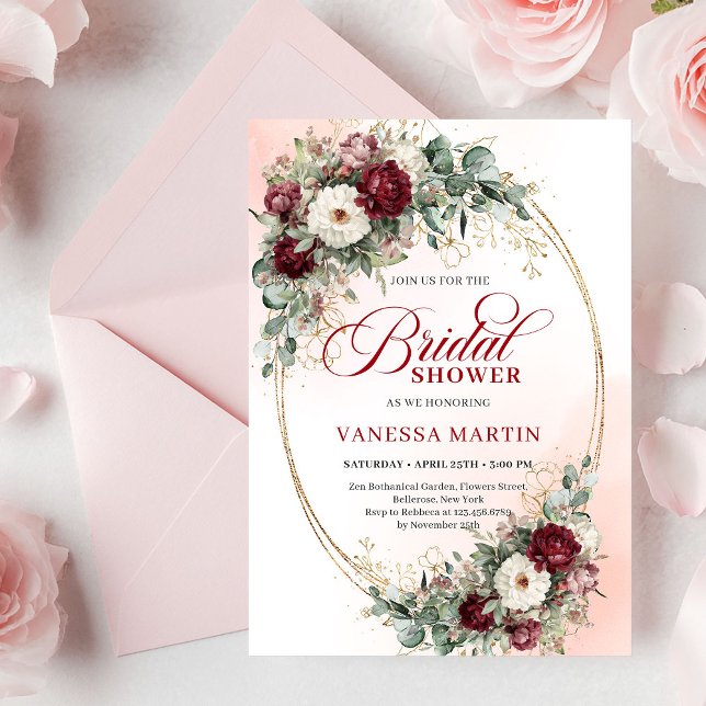 Elegant djupröd eukalyptus bröllopsfestinbjudan inbjudningar (Elegant Deep Red Eucalyptus Bridal Shower Invite

)