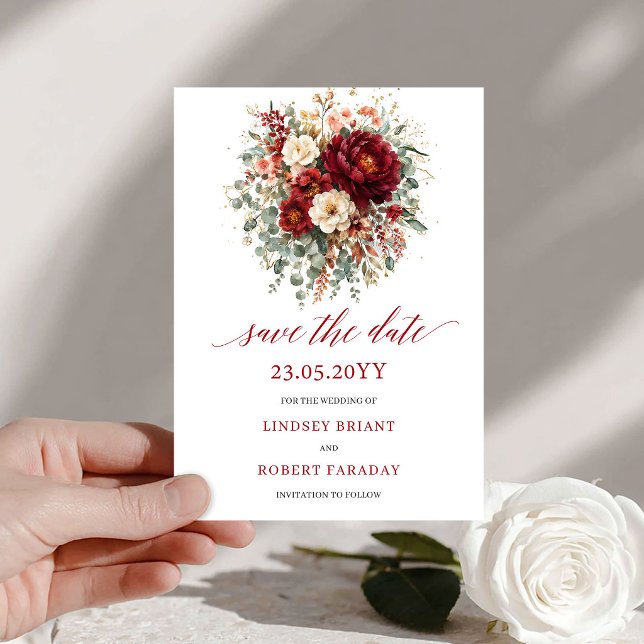 Elegant djupröd höstguld Spara datum Datumet (Elegant Deep Red Autumn Gold Save The Date

)
