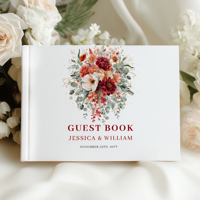 Elegant djupröd Marsala höstbröllop gästbok (Chic Deep Red Marsala Autumn Wedding Guest Book)