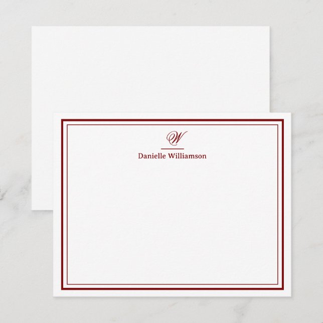 Elegant djupröd monogram dubbelkant vit anteckningskort (Fram/baksida)