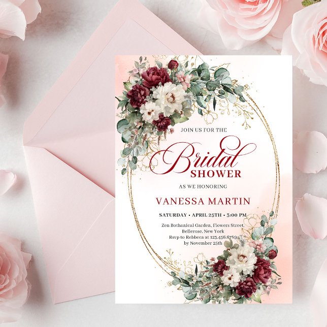Elegant djupröd påskebloms bröllopsfestinbjudan i  inbjudningar (Chic Deep Red Peony Gold Bridal Shower Invitation

)