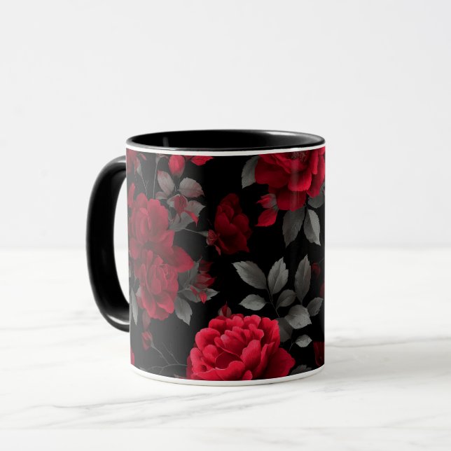 Elegant djupröd ros svart blommönster mugg (Framsida vänster)