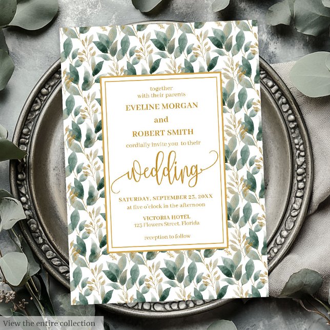 Elegant djupt grönt guld eucalyptus bröllopsinbjud inbjudningar (Romantic Dark Green Gold Foliage Wedding Invitation)