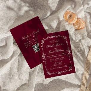 Elegant djupt rött blommigt gammalt pengar QR-kod  Inbjudningar
