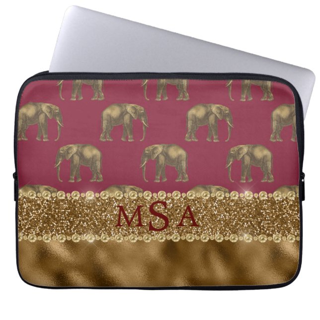 Elegant Djurutskrift Elephant Monogram Burgundy Laptop Fodral (Framsidan)