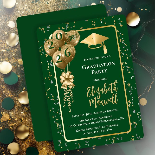 Elegant Dk Green Gold Balloons Graduation Party Inbjudningar (Elegant Dark Green and Gold Tone Graduation Party Invitation Balloons and Confetti - Print | Digital)