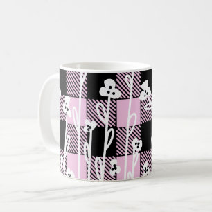 Elegant Dodle Black rosa blommigt plaid mönster Kaffemugg