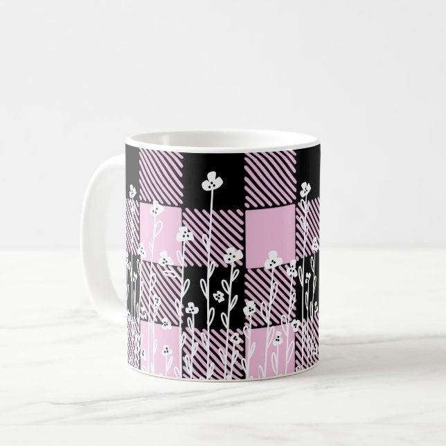 Elegant Dodle Black rosa blommigt plaid mönster Kaffemugg (Framsida vänster)