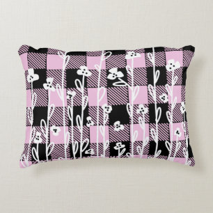 Elegant Dodle Black rosa blommigt plaid mönster Prydnadskudde