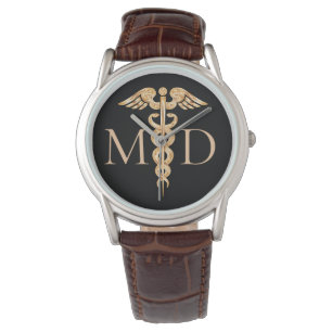 Elegant Doktor Caduceus Symbol Black Brown-läder Armbandsur