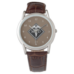 Elegant Doktor MD Caduceus Brown Black Monogram Armbandsur