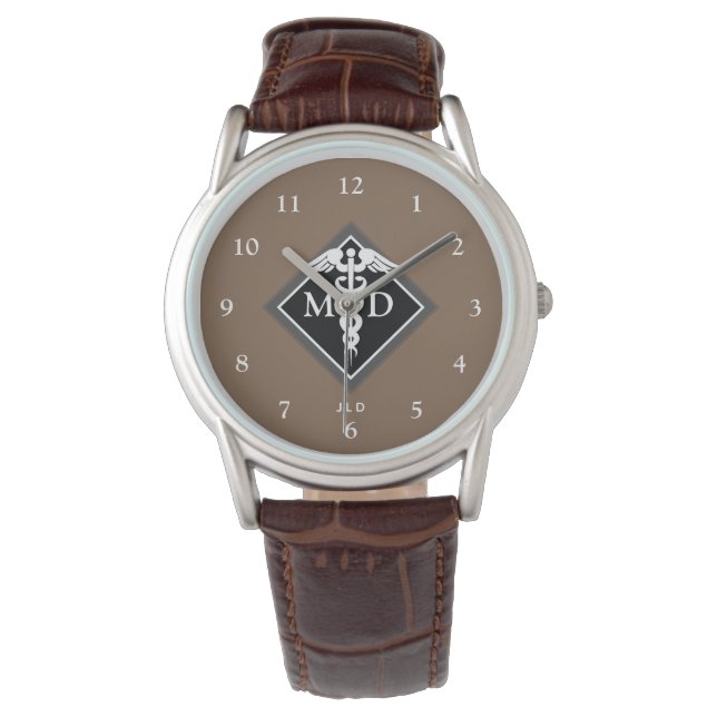 Elegant Doktor MD Caduceus Brown Black Monogram Armbandsur (Framsida)