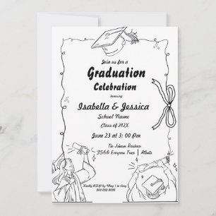 Elegant Doodle Stil Hand plockade Twin Studenten Inbjudningar
