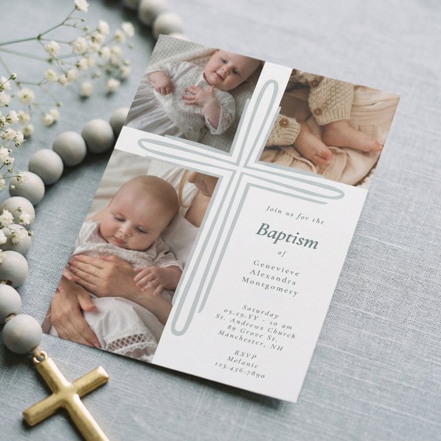 Elegant dop dop religiöst foto kors inbjudningar (Elegant Baptism Christening Religious Photo Cross Invitation)