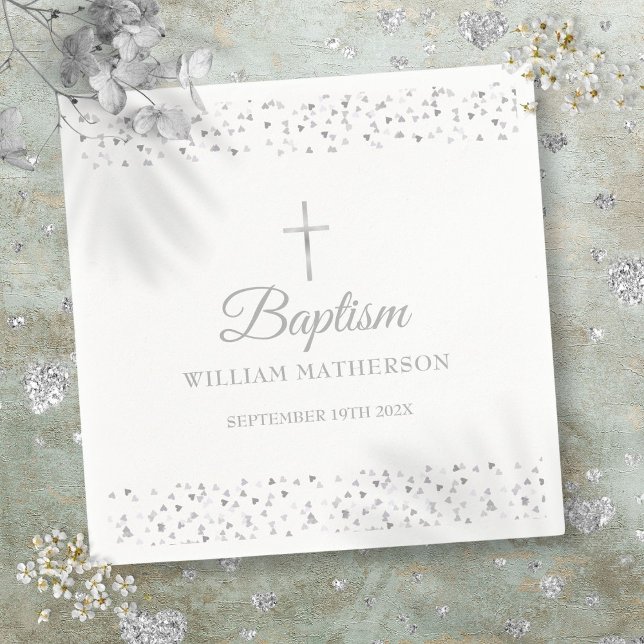 Elegant Dop Dopfest Silver Hjärtan Pappersservett (Elegant Baptism Christening Silver Hearts Napkins)