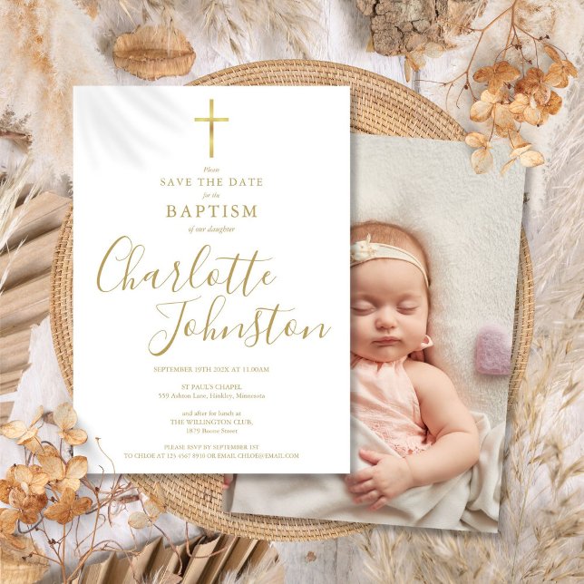 Elegant dop dopfett guld signatur foto spara datumet (Elegant Baptism Christening Gold Signature Photo Save The Date)
