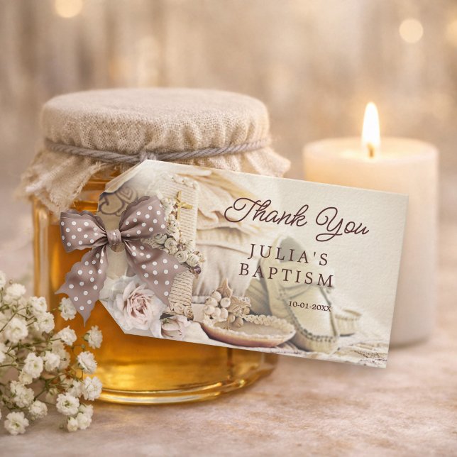 Elegant Dop Tack Presentkort Presentetikett (Gift tag featuring a romantic baptism or christening scene in lovely pastel colors with roses)