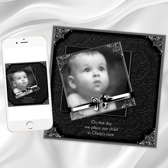 Elegant dopbild inbjudningar (Elegant black silver photo christening and baptism invitation. Add your own text and photo.)