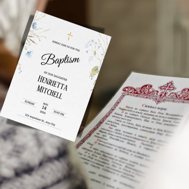 Elegant dopinbjudan för babyflicka inbjudningar ("A elegant bilingual baptism invitation for a daughter, featuring the Orthodox Symbol of Faith.")