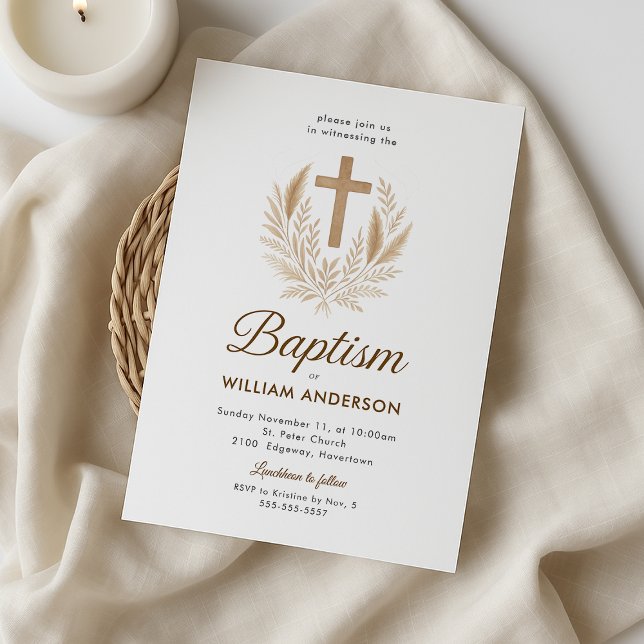 Elegant dopinbjudan med guld kors och oliv inbjudningar (Elegant baptism invitation with a gold cross and olive wreath, perfect for a baby boy.)