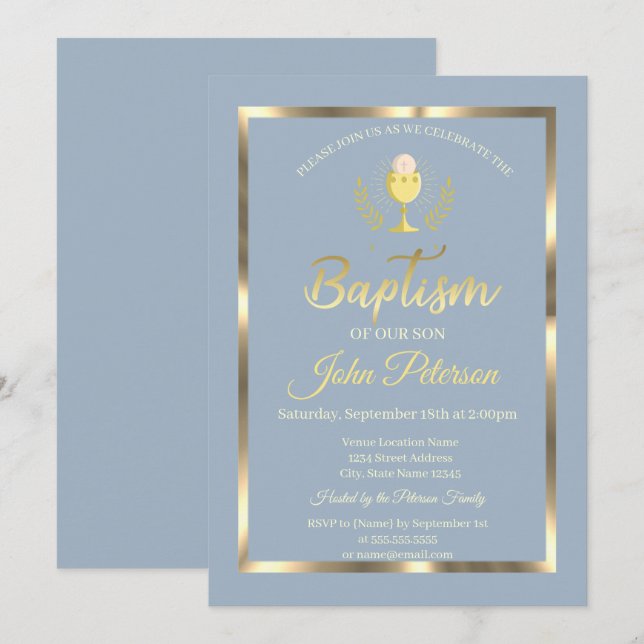 Elegant dopram dusty blue inbjudningar (Fram/baksida)