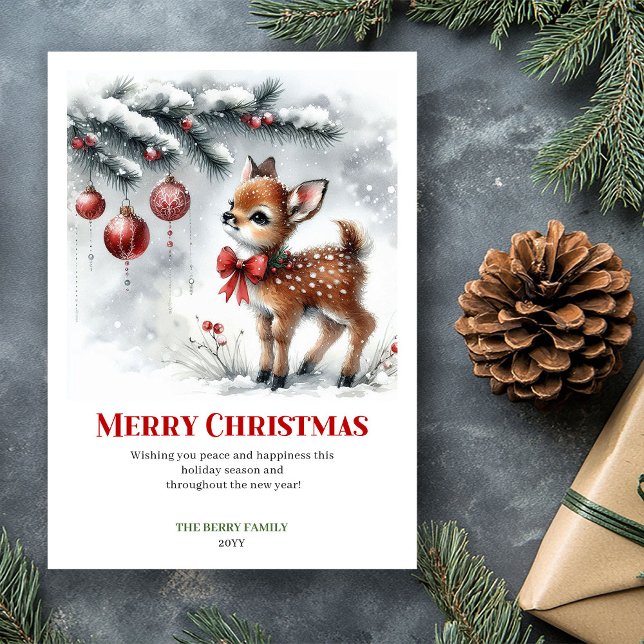 Elegant Dov Julkort i Vattenfärg med Snö (Graceful Fawn Cozy Watercolor Snowy Christmas Card)