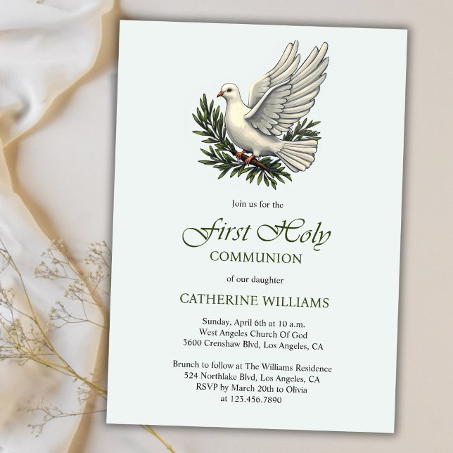 Elegant Dove och Olive Gren Första Heligan Communi Inbjudningar (Elegant Dove and Olive Branch First Holy Communion Invitation)