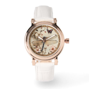 Elegant Dragonfly Butterflies Rosa Flowers Armbandsur