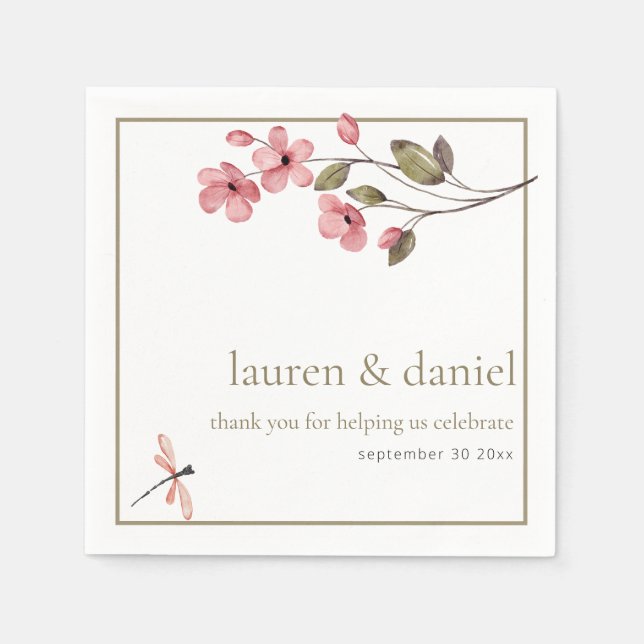 Elegant Dragonfly Dusty Rosa Wildblomma Pappersservett (Framsidan)