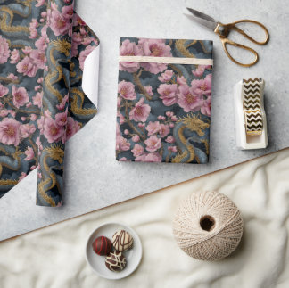 Elegant drake och rosa körsbärsblomfantasi presentpapper