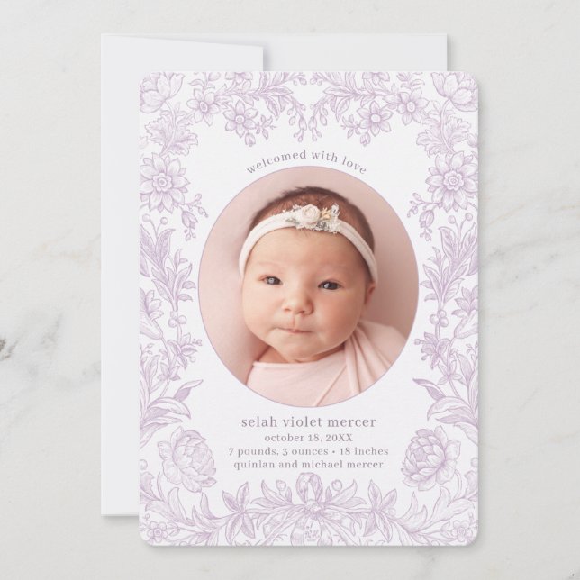 Elegant Drawn Blommigt Lavender Birth Meddelande (Framsida)
