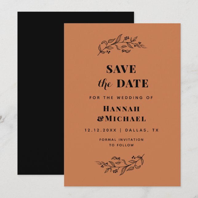 Elegant Drawn Botanical Terracotta Black Fall Mörk Spara Datumet (Fram/baksida)