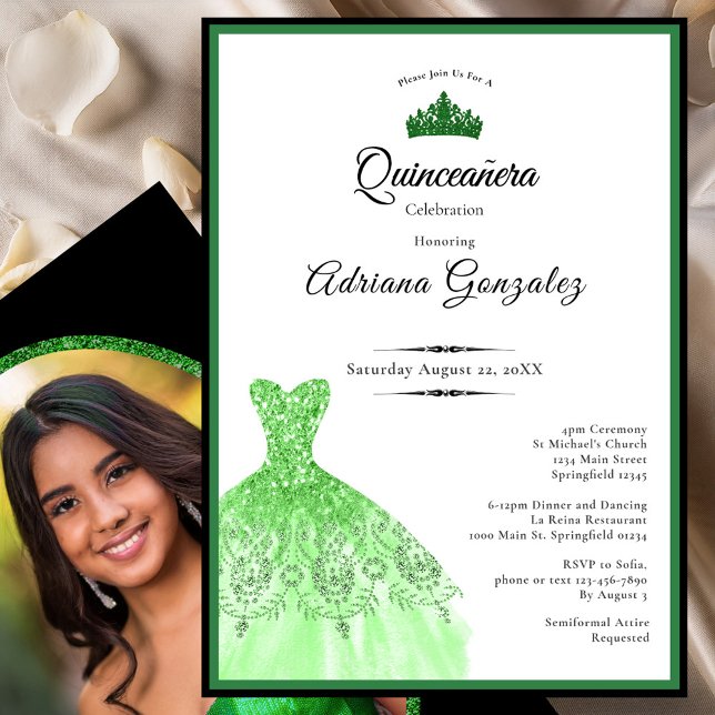 Elegant dress 15th Birthday green Quinceanera Inbjudningar (Skapare uppladdad)