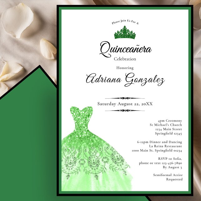 Elegant dress 15th Birthday green Quinceanera Inbjudningar (Skapare uppladdad)