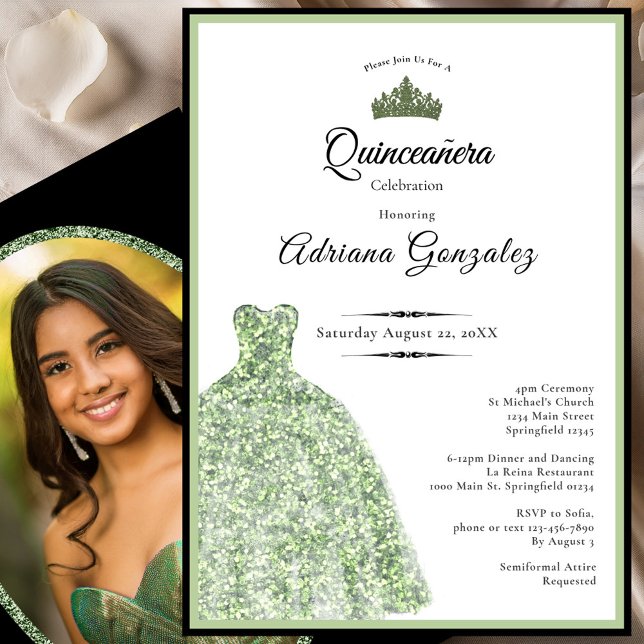 Elegant dress 15th birthday sage green Quinceanera Inbjudningar (Skapare uppladdad)